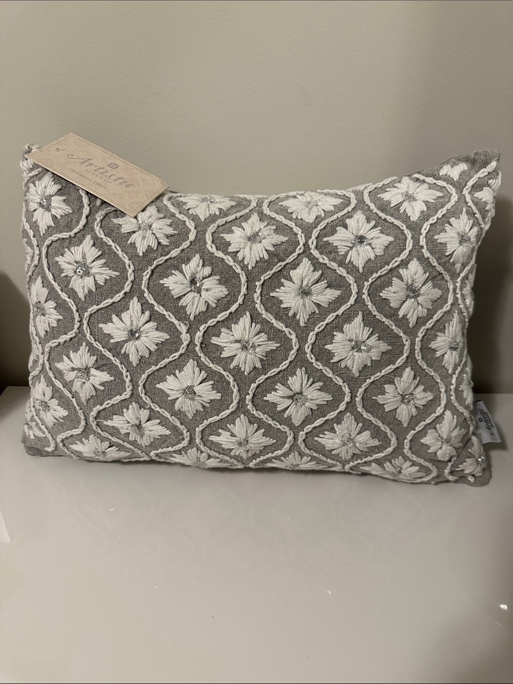 Embroidered Grey and White Floral Accent Pillow by Arhaus